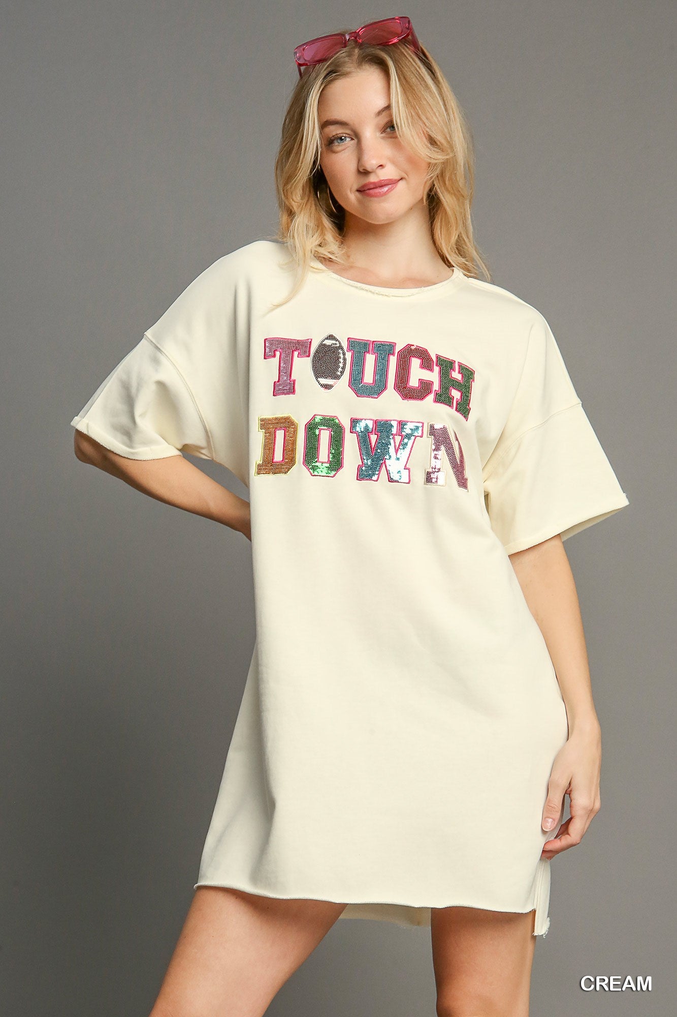 Touchdown no-lining sequins patch french terry mini dress Dress Umgee