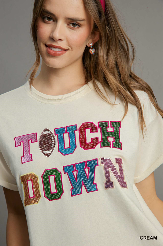 Touchdown no-lining sequins patch french terry round neck top Blouse Umgee