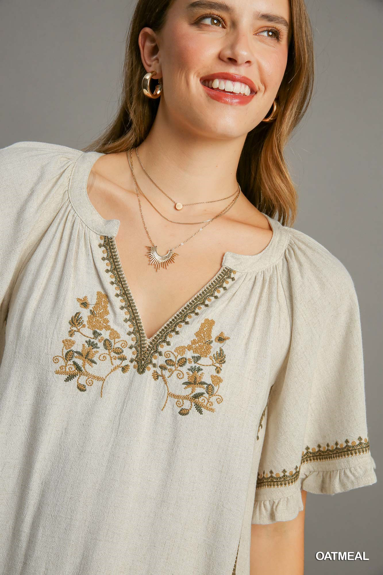 Linen peasant mini dress with ruffle trim, split neck and embroidery Dress Umgee