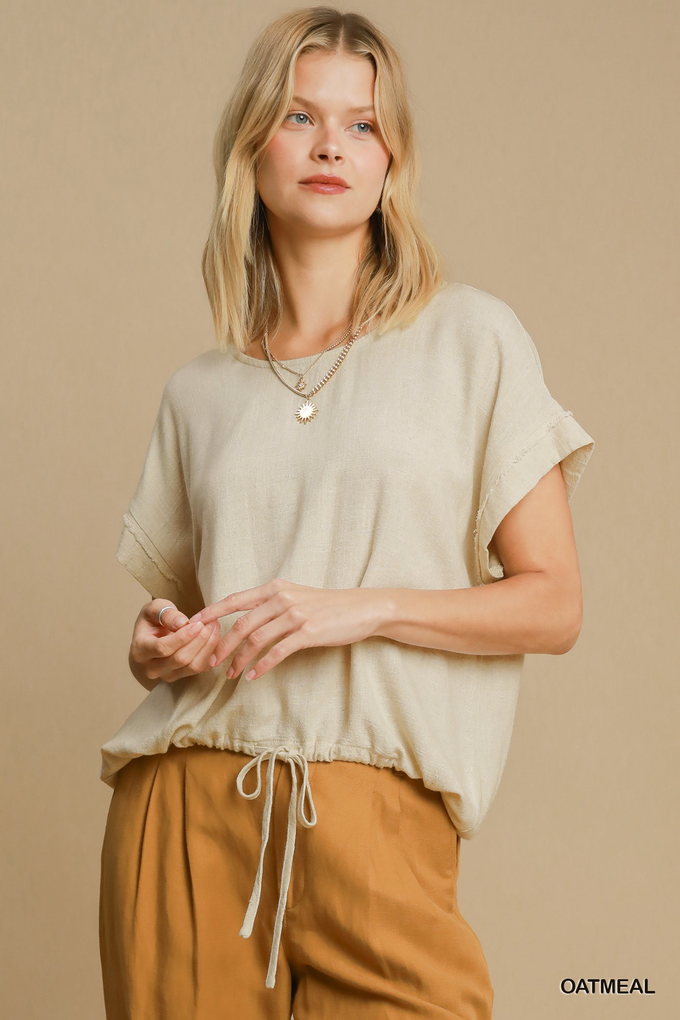 Drawstring linen blend top