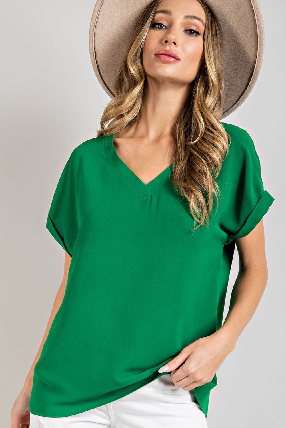 Basic V-Neck Top with cuffed short sleeves Blouse EE:Some Small Kelly Green