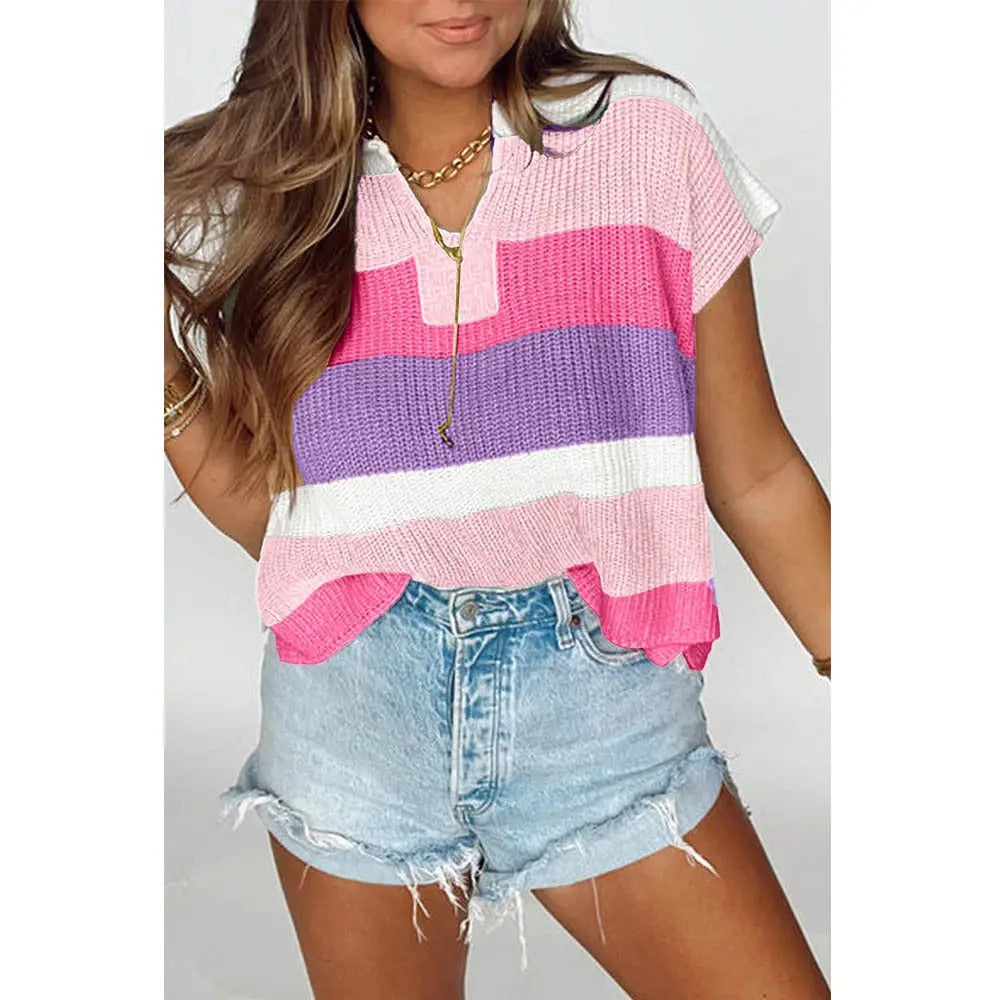 Colorblock striped knit casual v-neck short sleeve sweater