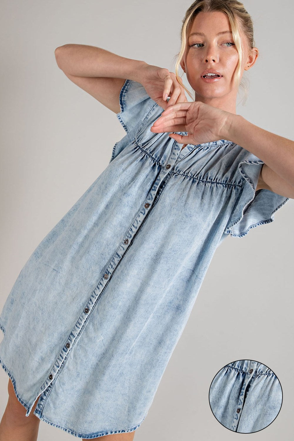 Denim button down ruffle trim mini dress Dress EE:Some