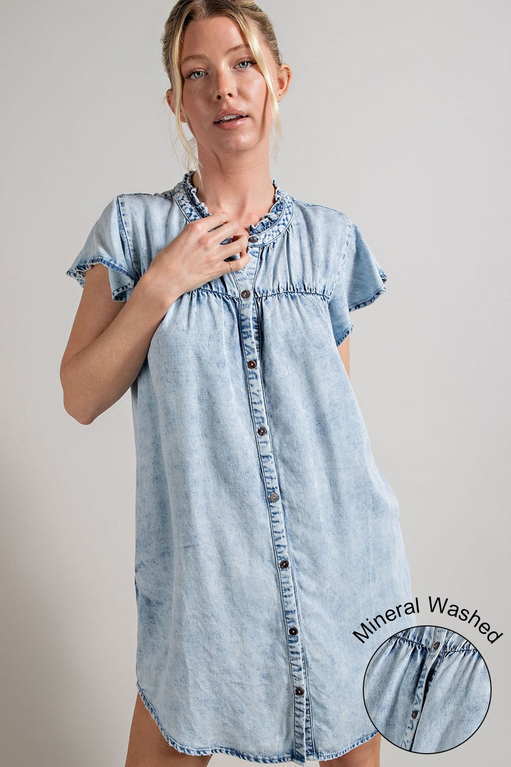 Denim button down ruffle trim mini dress Dress EE:Some