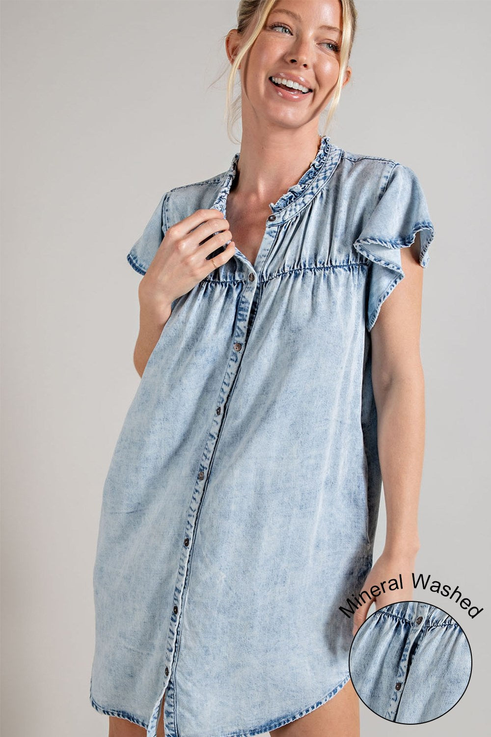 Denim button down ruffle trim mini dress Dress EE:Some