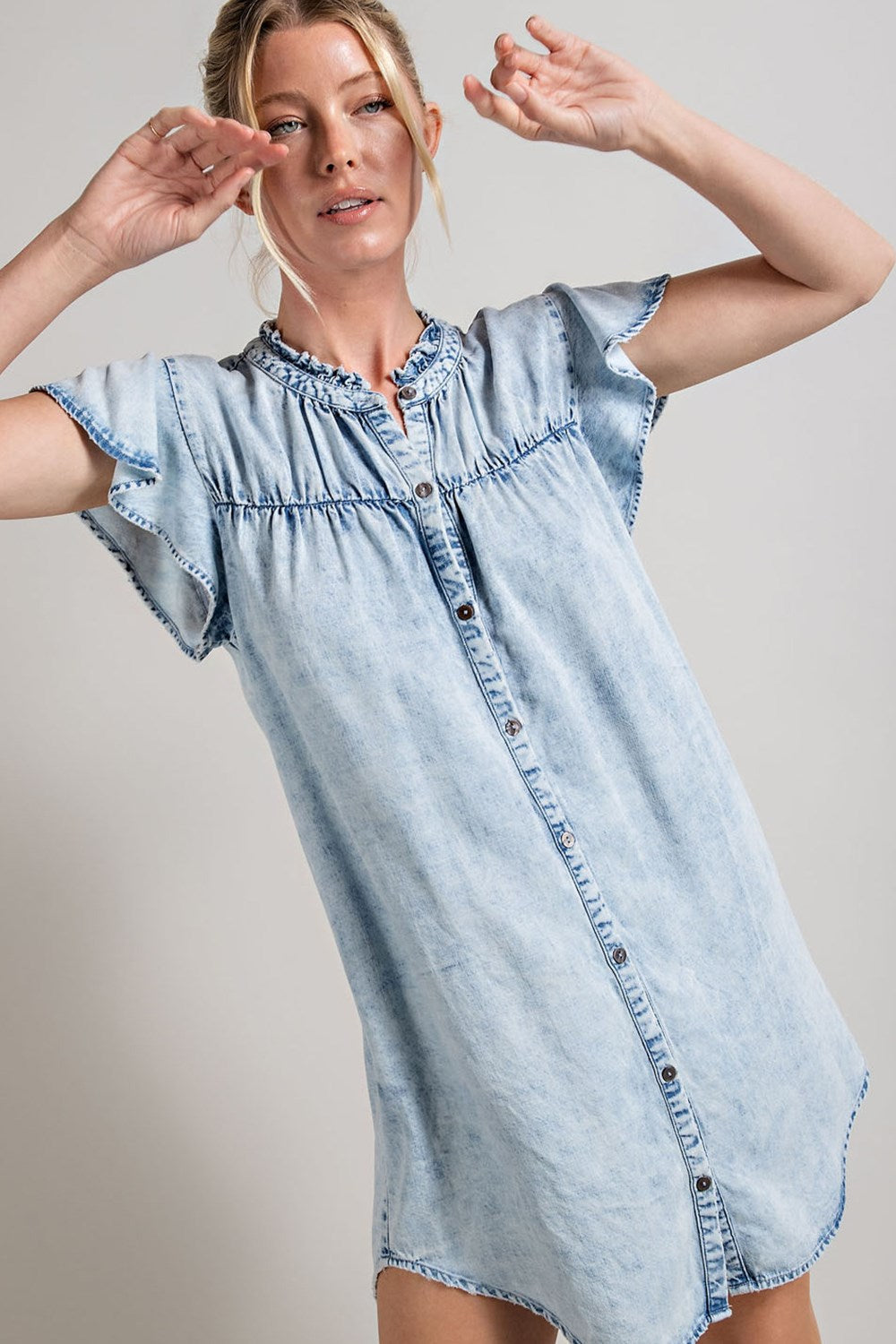 Denim button down ruffle trim mini dress Dress EE:Some