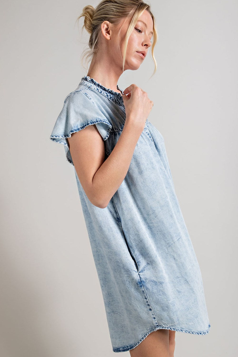 Denim button down ruffle trim mini dress Dress EE:Some