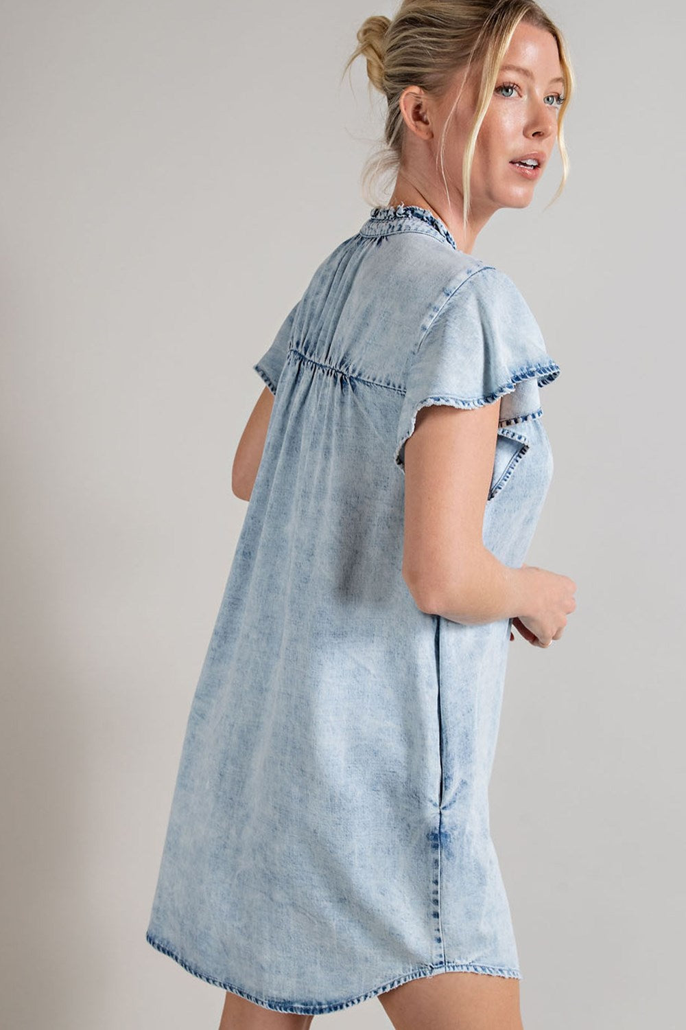 Denim button down ruffle trim mini dress Dress EE:Some