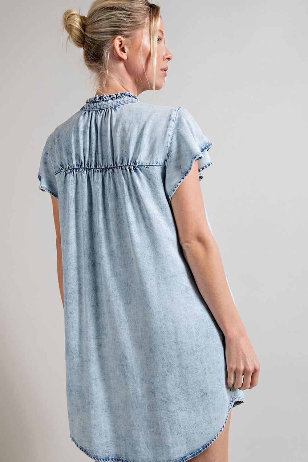 Denim button down ruffle trim mini dress Dress EE:Some