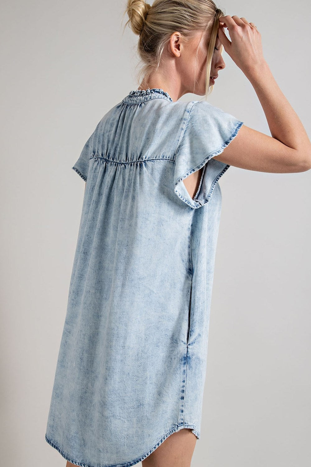 Denim button down ruffle trim mini dress Dress EE:Some