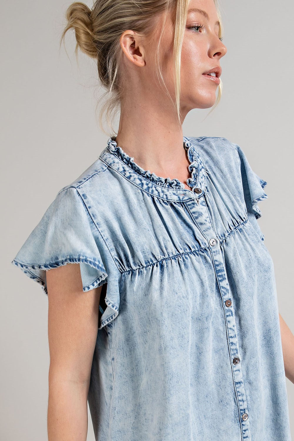 Denim button down ruffle trim mini dress Dress EE:Some