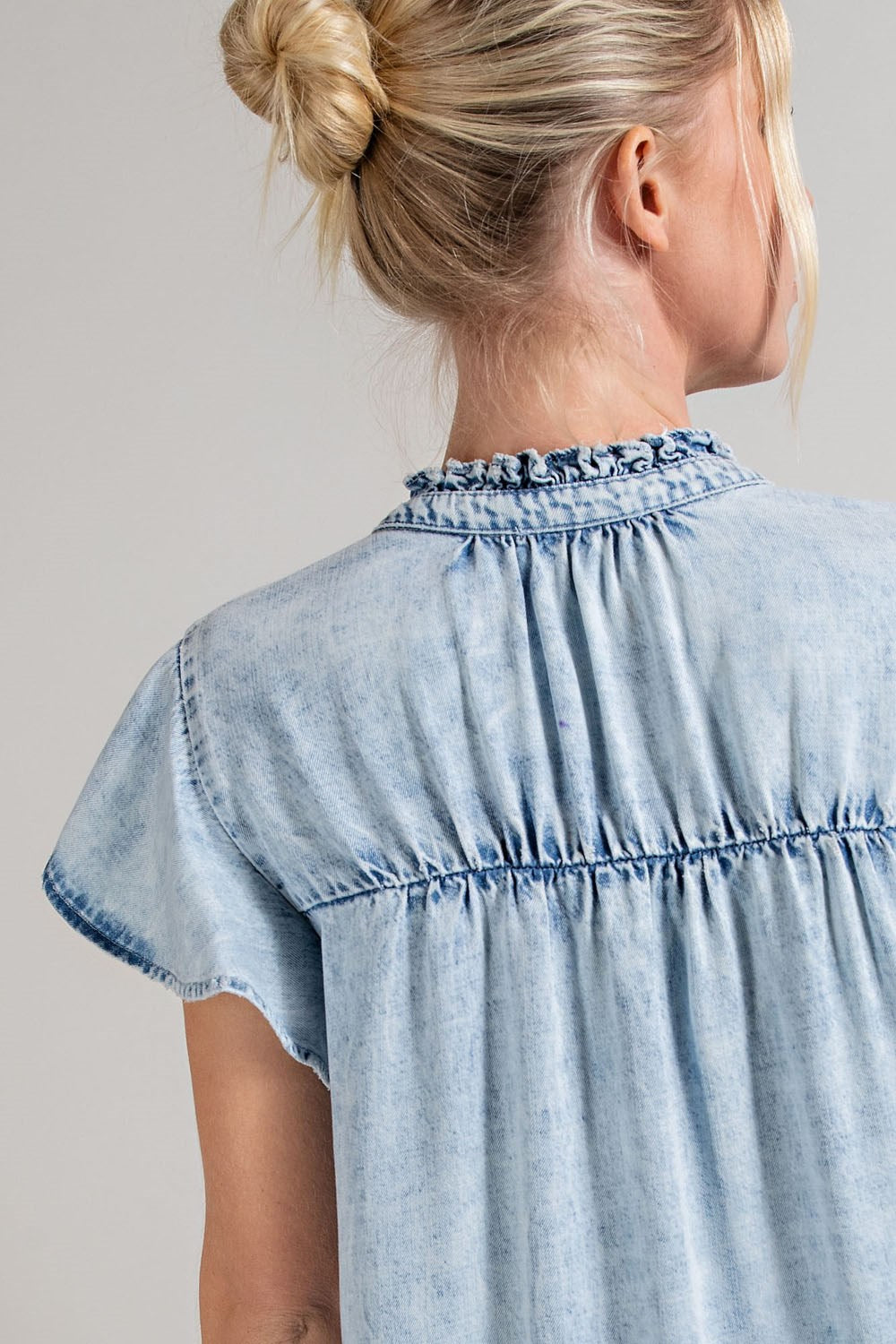 Denim button down ruffle trim mini dress Dress EE:Some