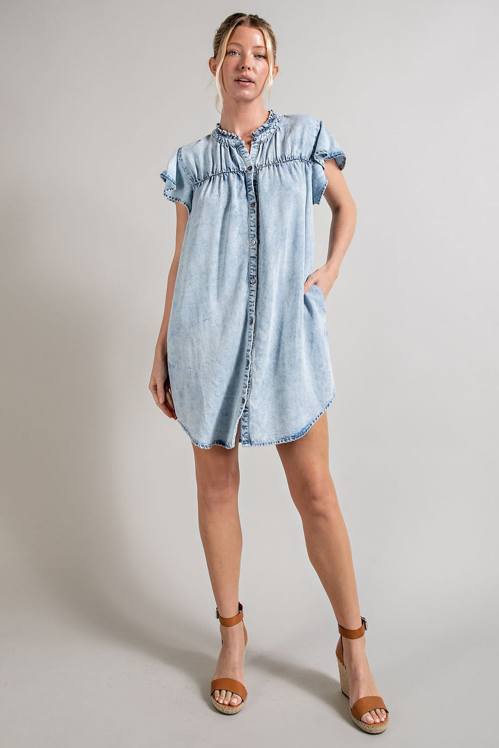 Denim button down ruffle trim mini dress Dress EE:Some
