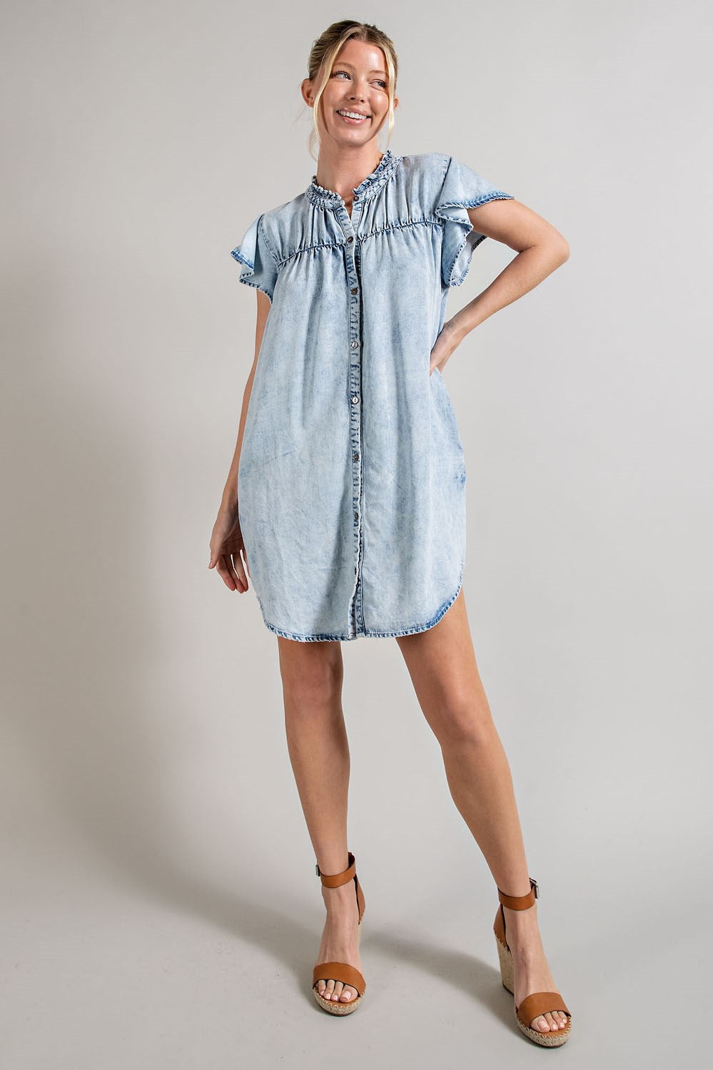 Denim button down ruffle trim mini dress Dress EE:Some
