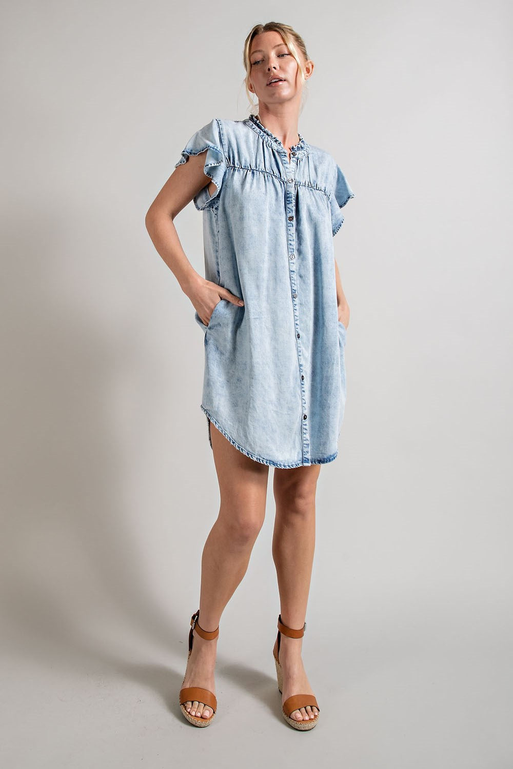 Denim button down ruffle trim mini dress Dress EE:Some