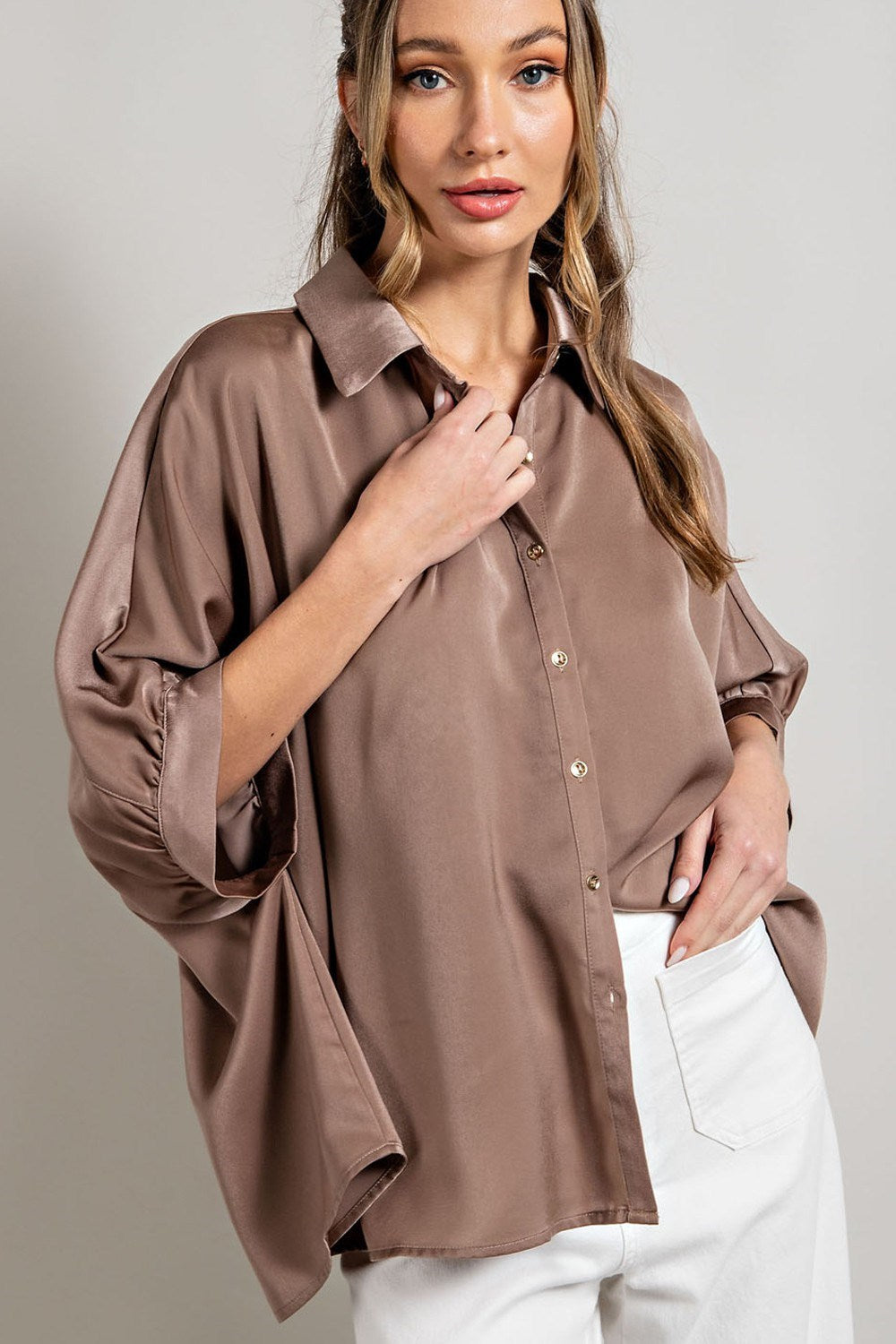 Satin fabric short sleeve button down top Blouse EE:Some