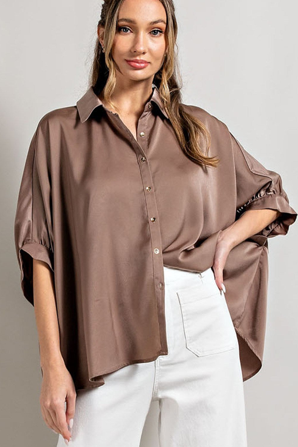 Satin fabric short sleeve button down top Blouse EE:Some