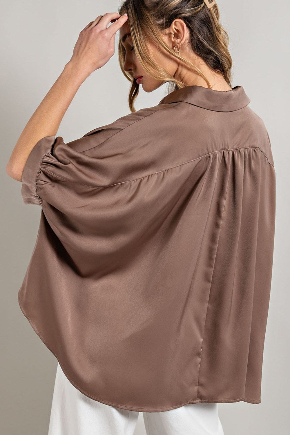 Satin fabric short sleeve button down top Blouse EE:Some