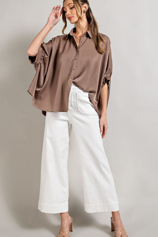 Satin fabric short sleeve button down top Blouse EE:Some