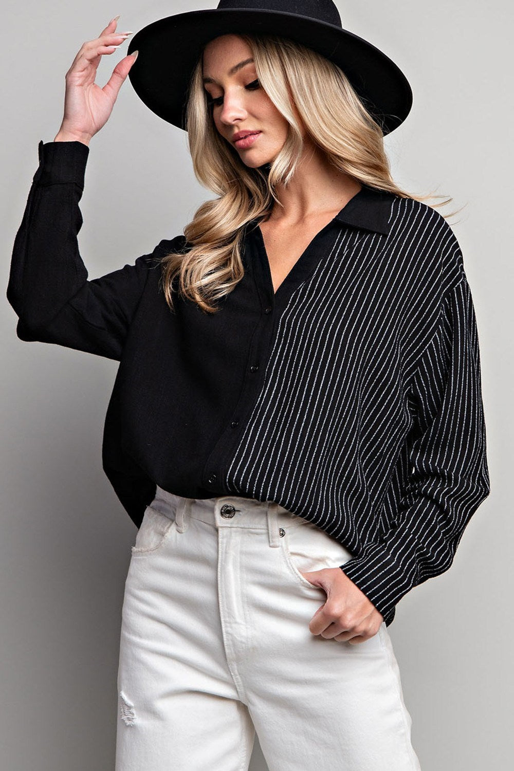 Half stripe printed long sleeve shirt top with button down front Blouse EE:Some
