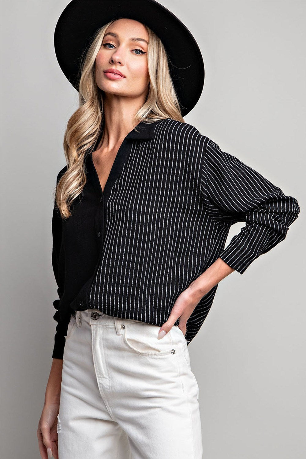 Half stripe printed long sleeve shirt top with button down front Blouse EE:Some