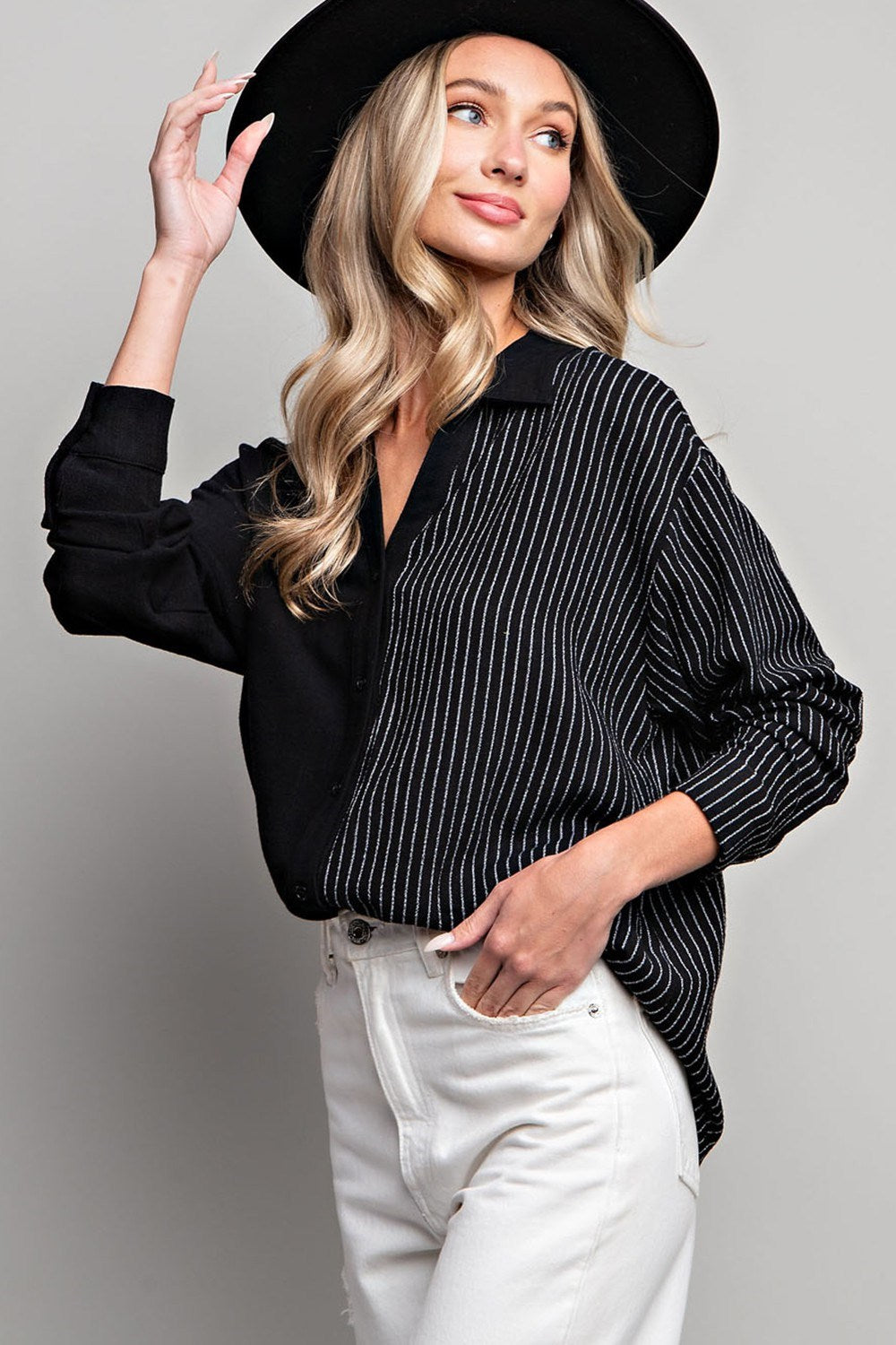 Half stripe printed long sleeve shirt top with button down front Blouse EE:Some