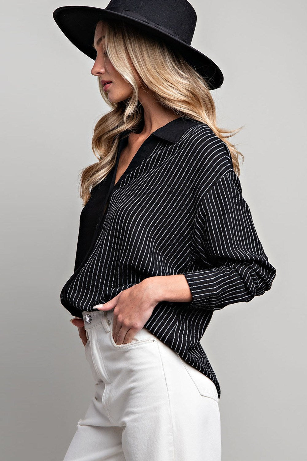 Half stripe printed long sleeve shirt top with button down front Blouse EE:Some
