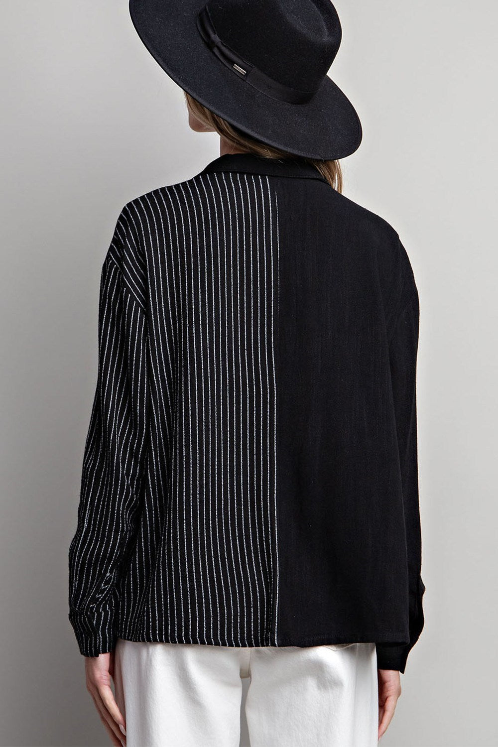 Half stripe printed long sleeve shirt top with button down front Blouse EE:Some