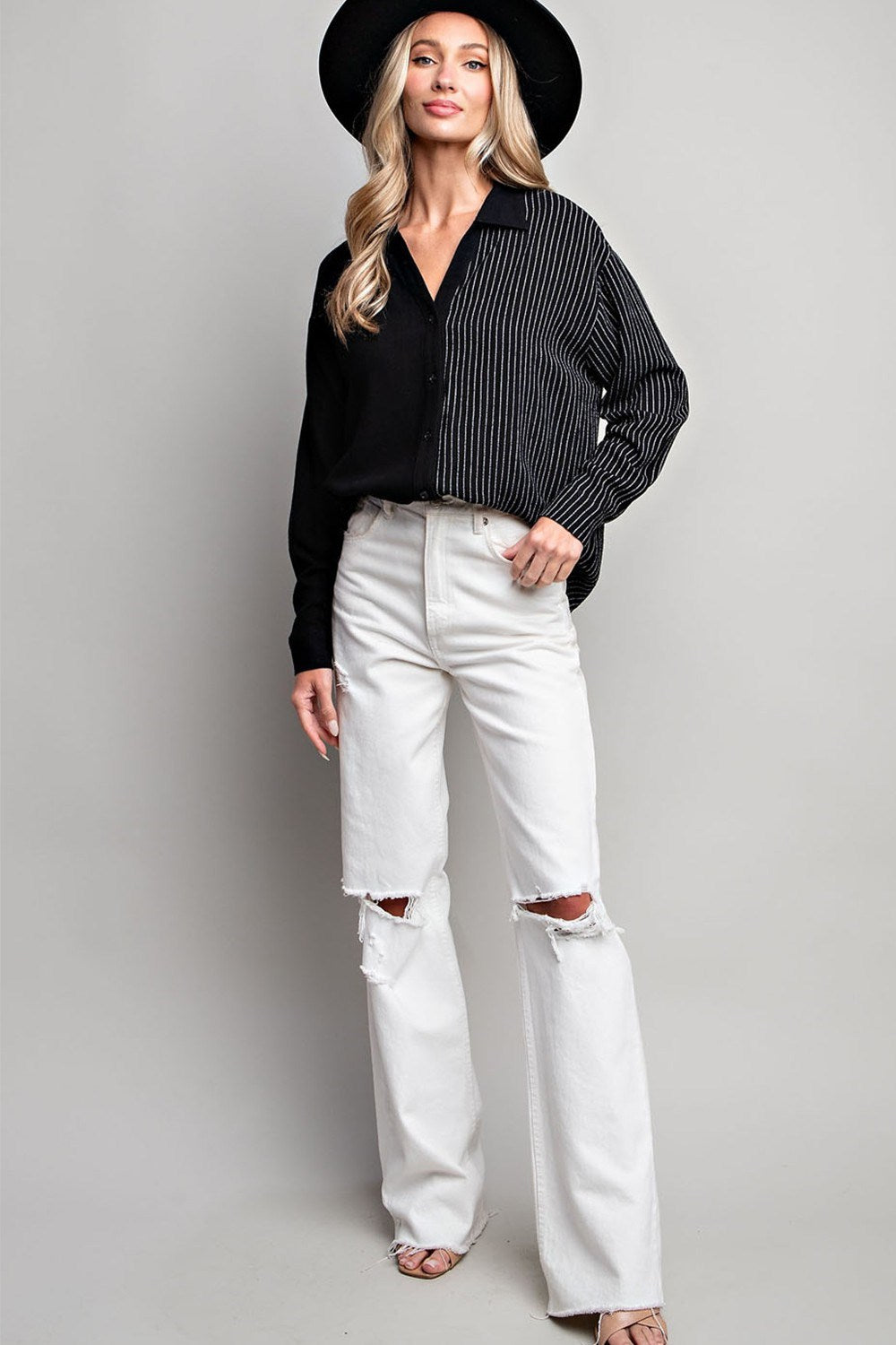 Half stripe printed long sleeve shirt top with button down front Blouse EE:Some