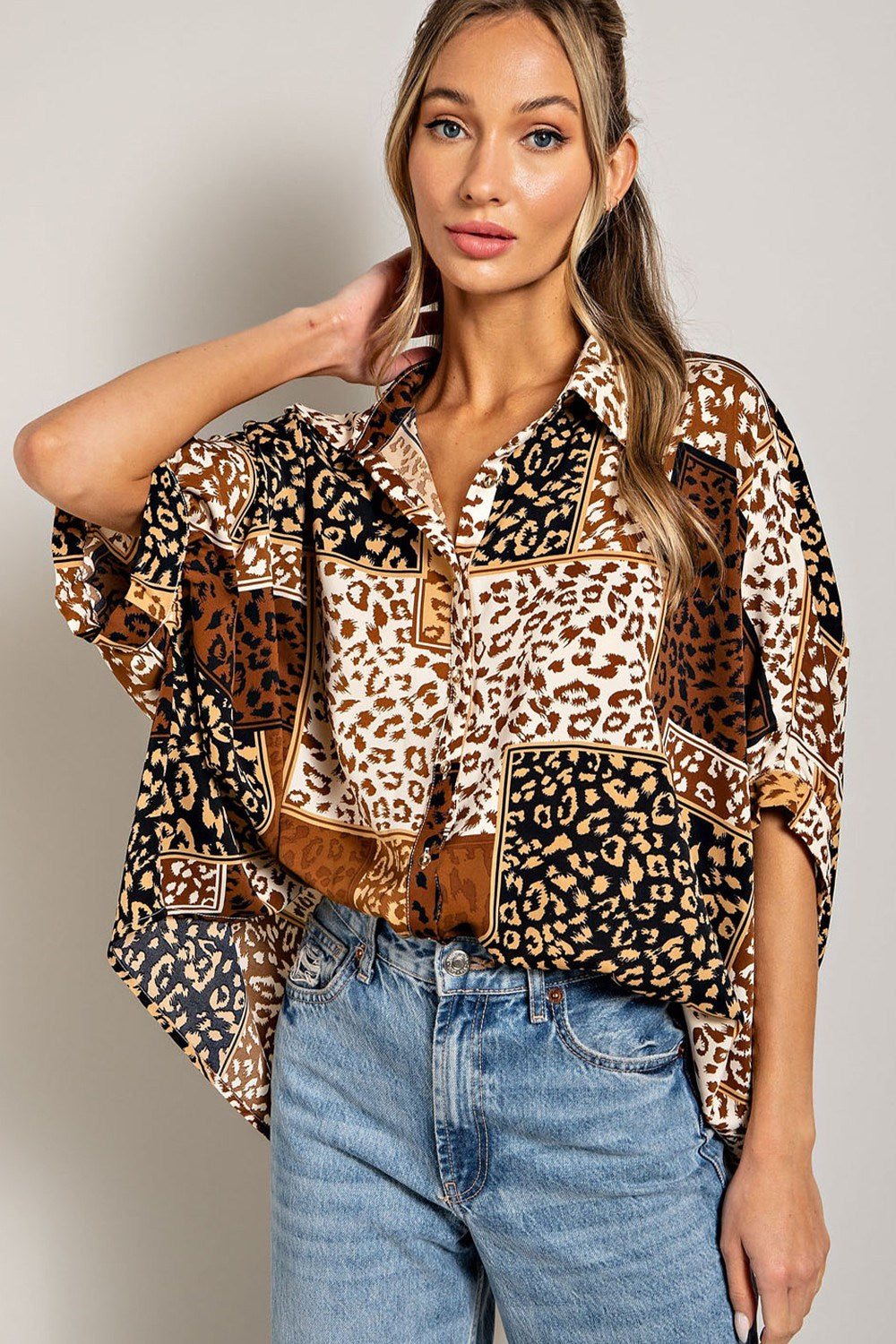 Mix animal print button down top with dolman sleeves Blouse EE:Some