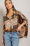 Mix animal print button down top with dolman sleeves Blouse EE:Some