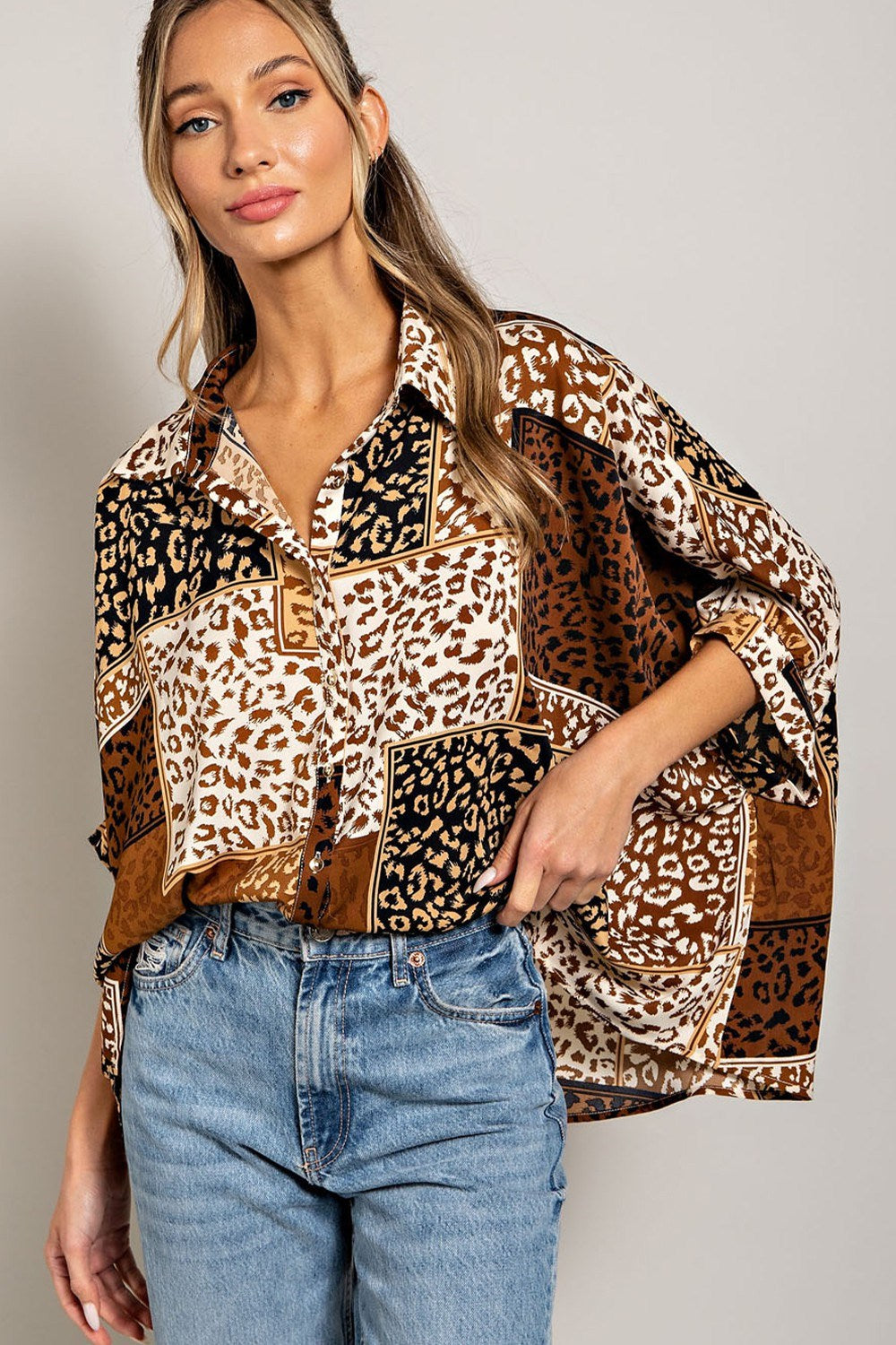 Mix animal print button down top with dolman sleeves Blouse EE:Some