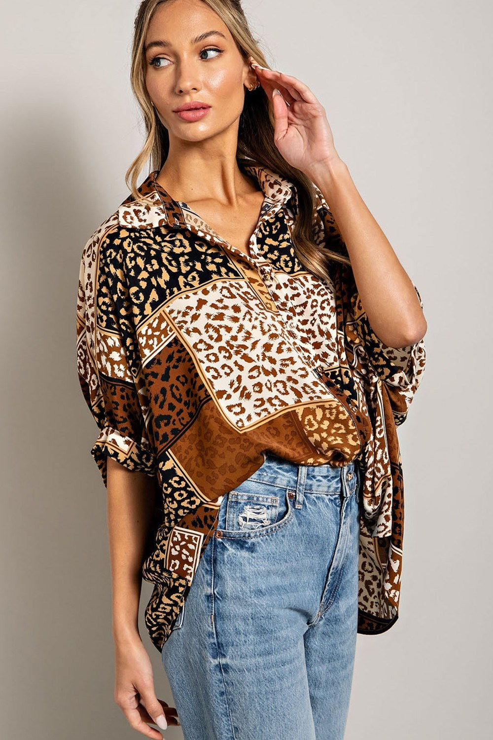 Mix animal print button down top with dolman sleeves Blouse EE:Some