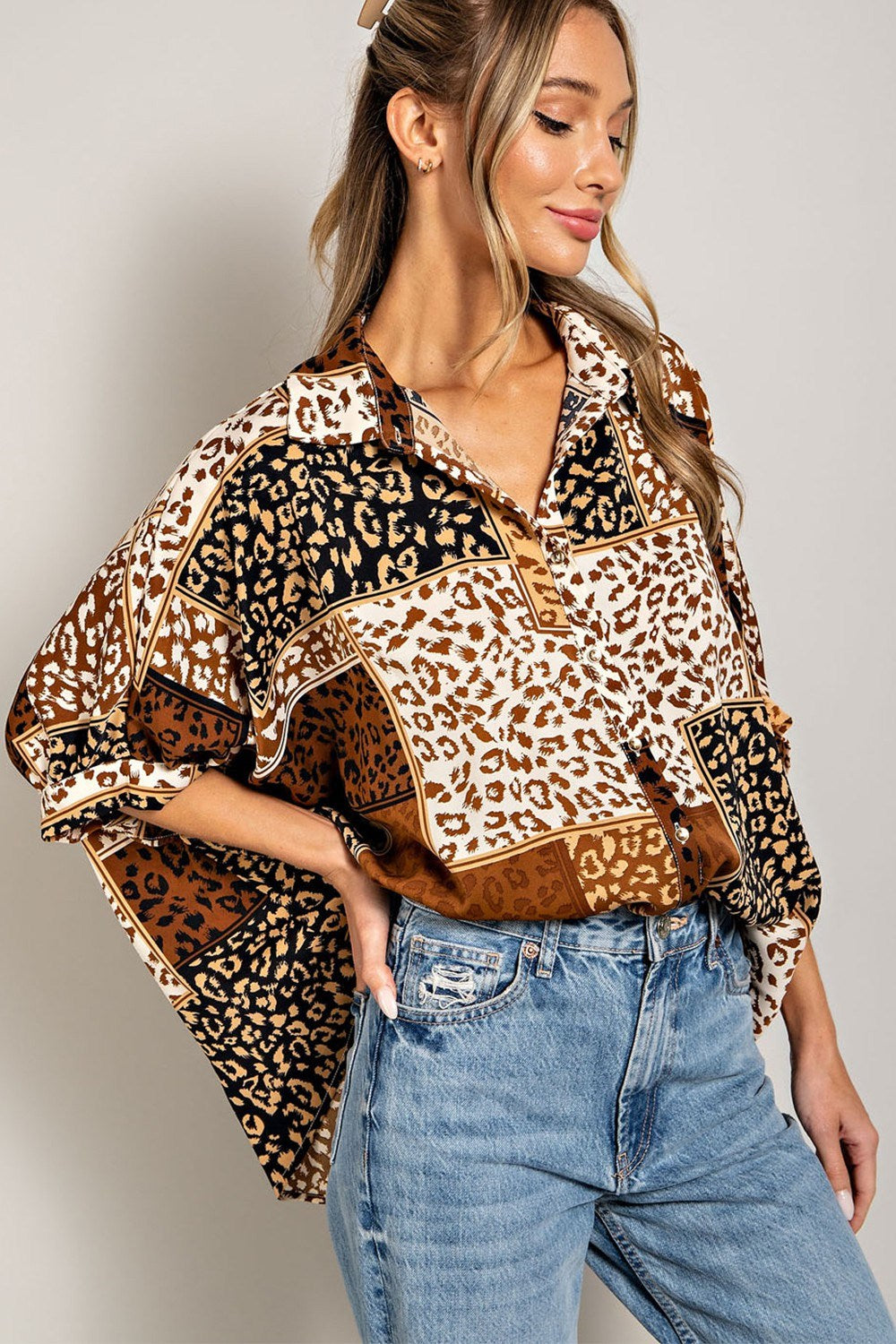 Mix animal print button down top with dolman sleeves Blouse EE:Some