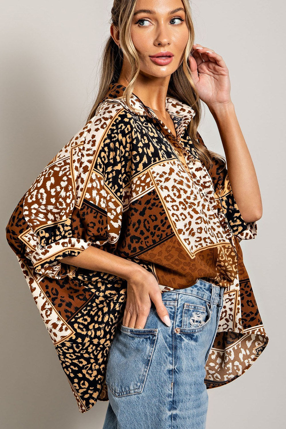 Mix animal print button down top with dolman sleeves Blouse EE:Some