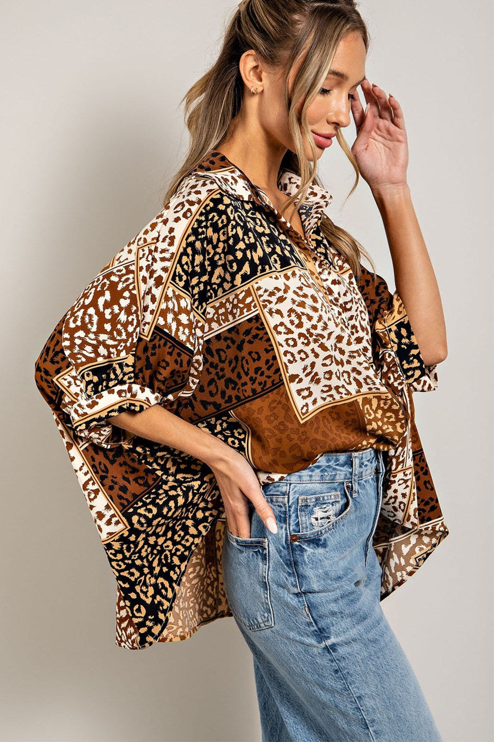 Mix animal print button down top with dolman sleeves Blouse EE:Some