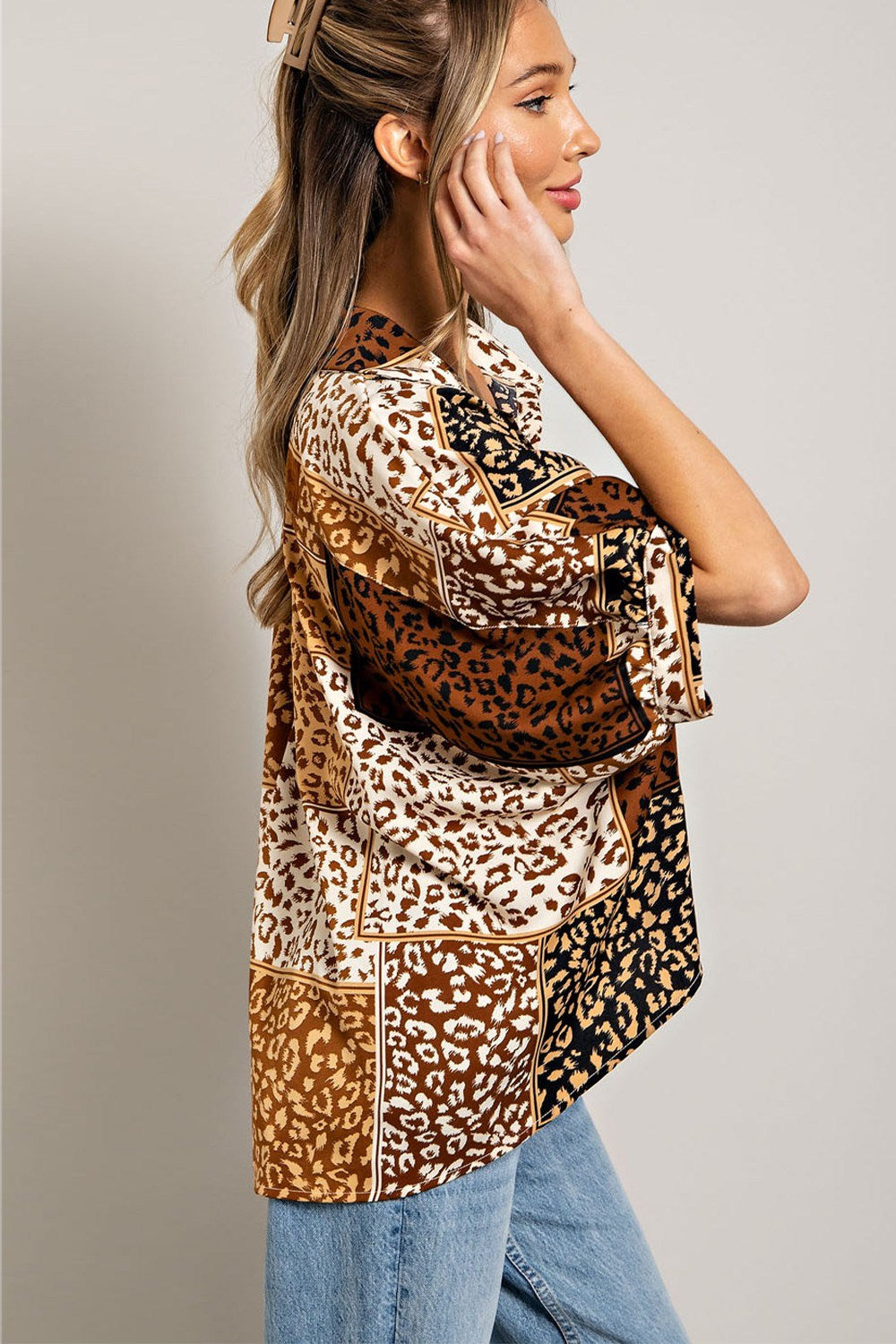 Mix animal print button down top with dolman sleeves Blouse EE:Some