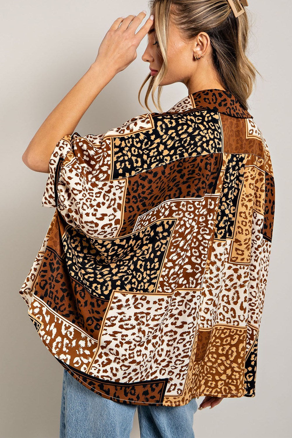 Mix animal print button down top with dolman sleeves Blouse EE:Some