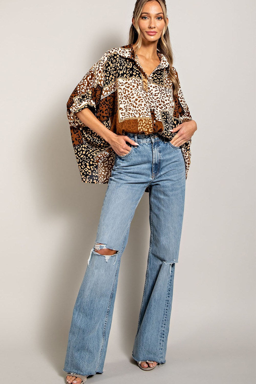 Mix animal print button down top with dolman sleeves Blouse EE:Some