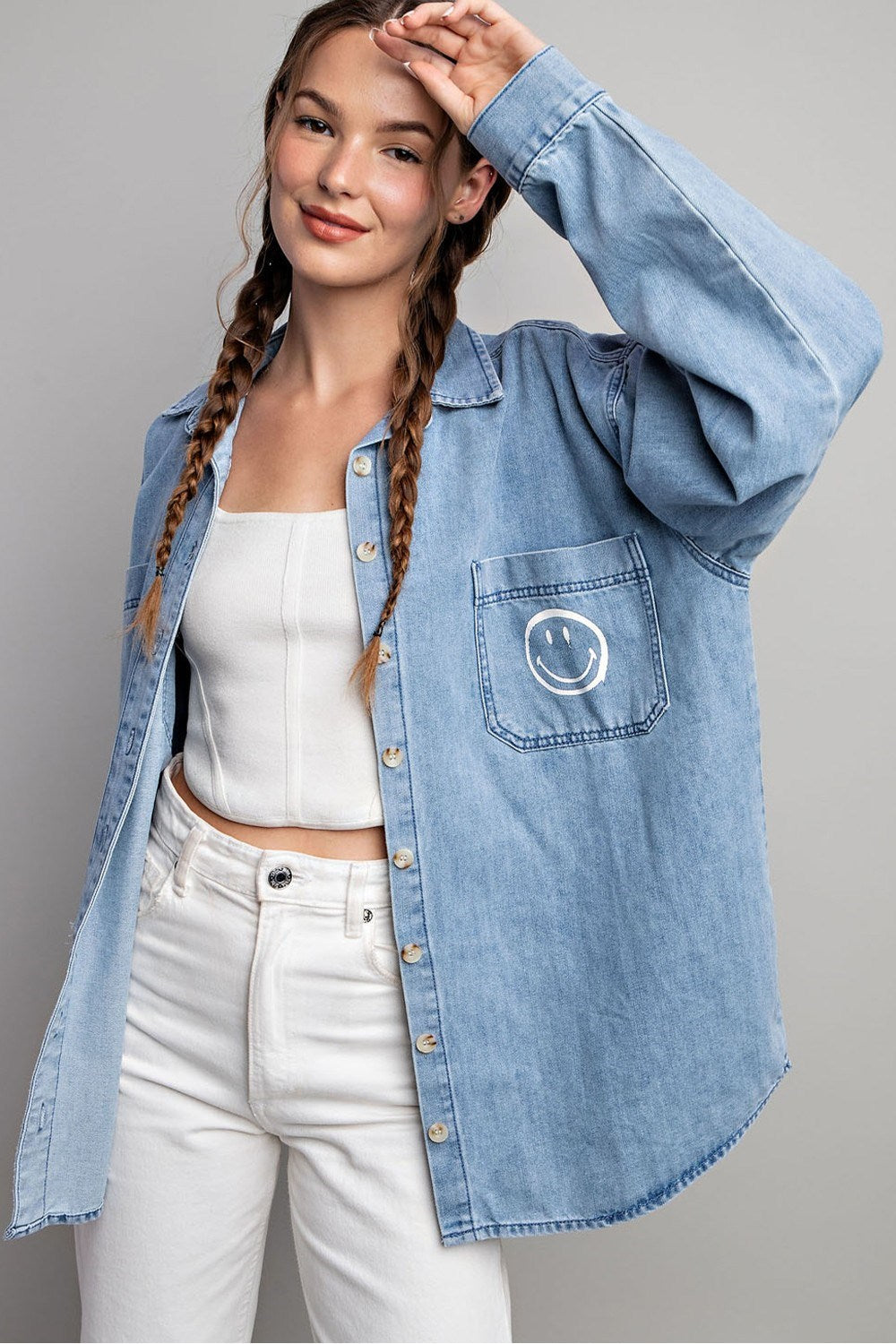 Smile denim button down shirt Blouse EE:Some