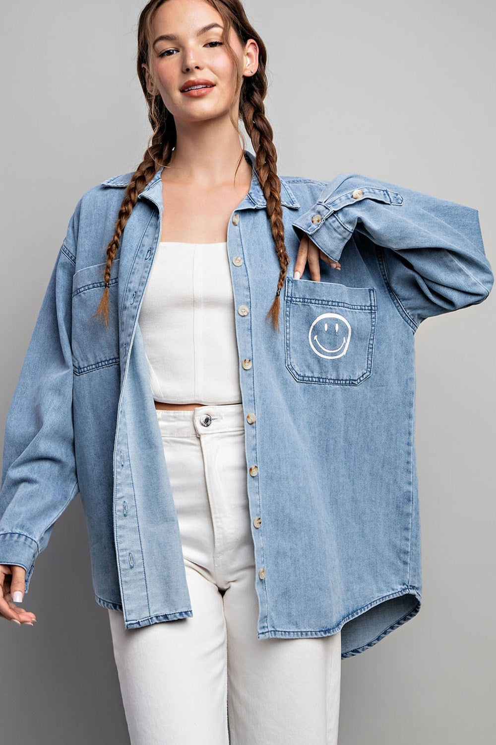 Smile denim button down shirt Blouse EE:Some