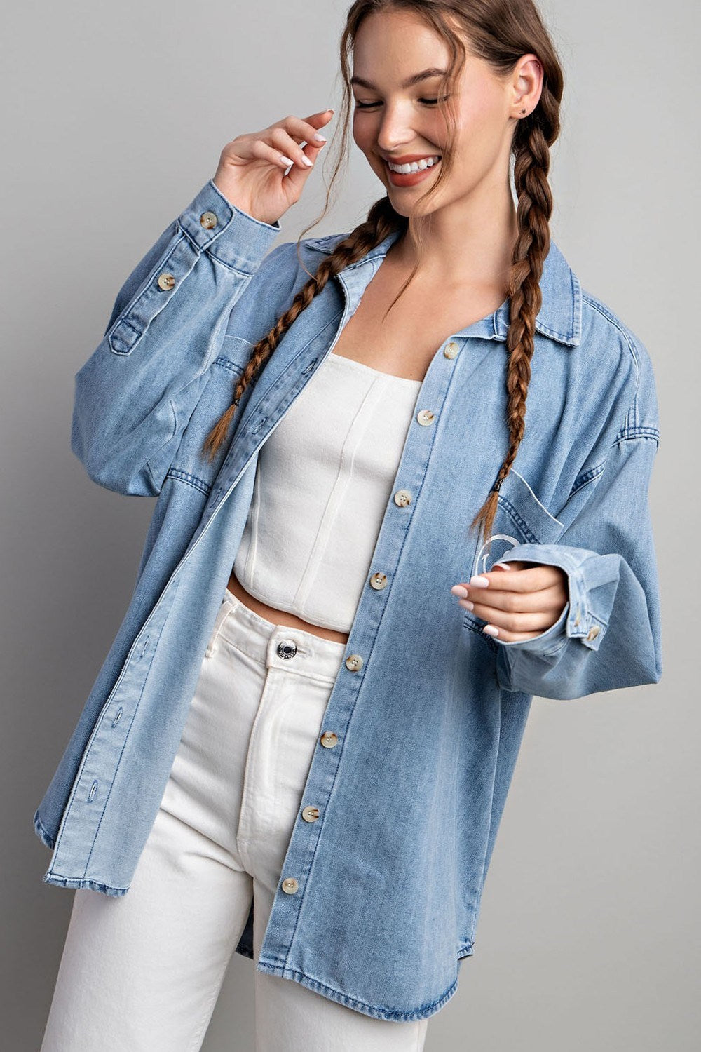 Smile denim button down shirt Blouse EE:Some