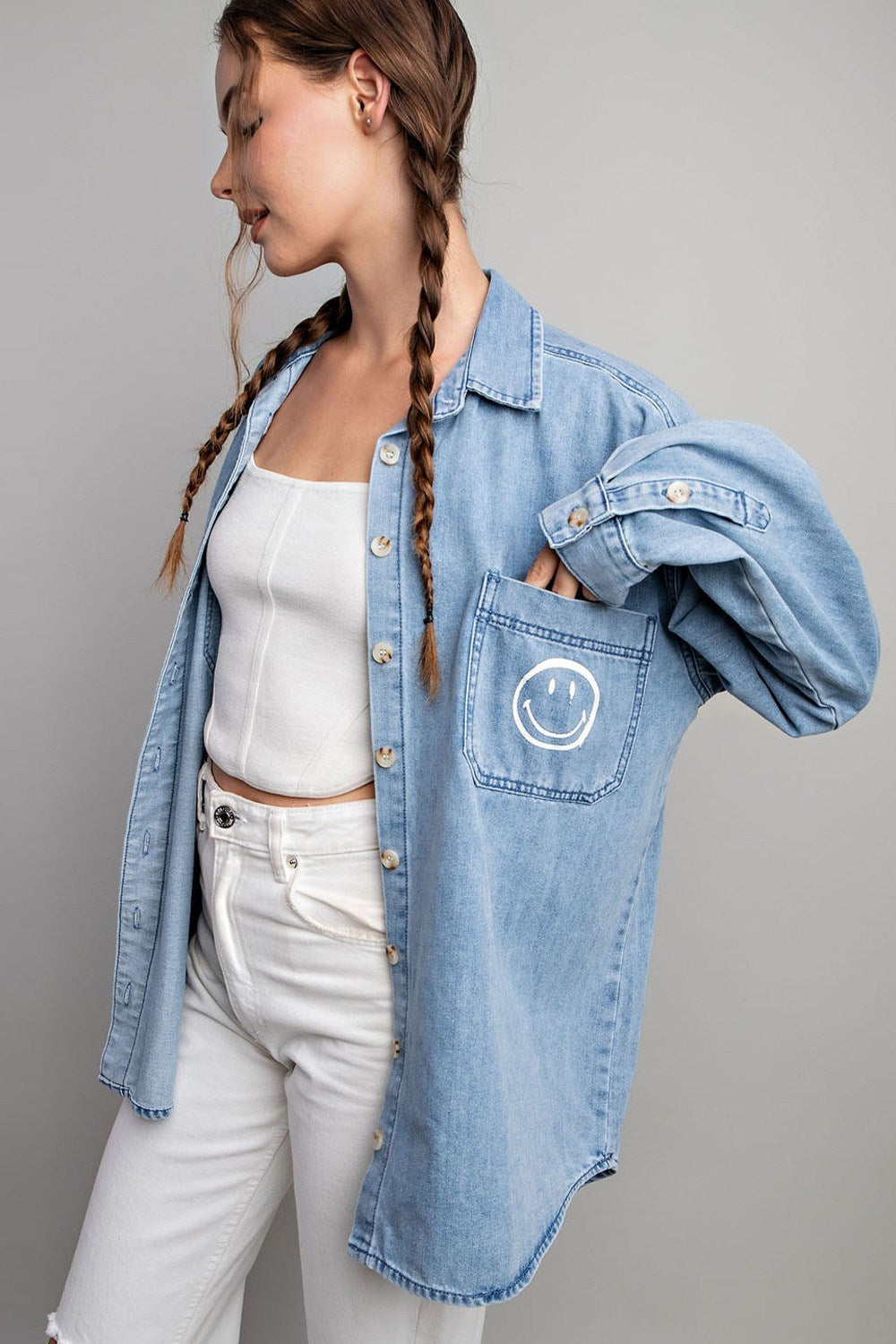 Smile denim button down shirt Blouse EE:Some