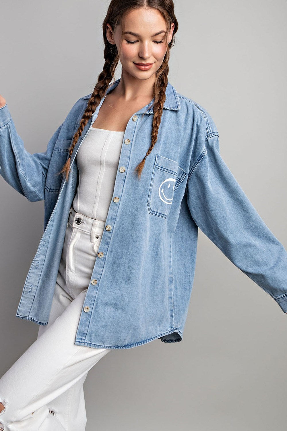 Smile denim button down shirt Blouse EE:Some