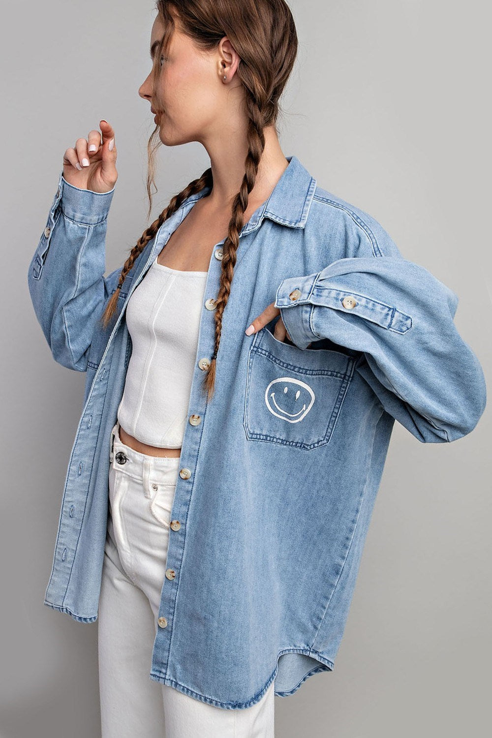 Smile denim button down shirt Blouse EE:Some