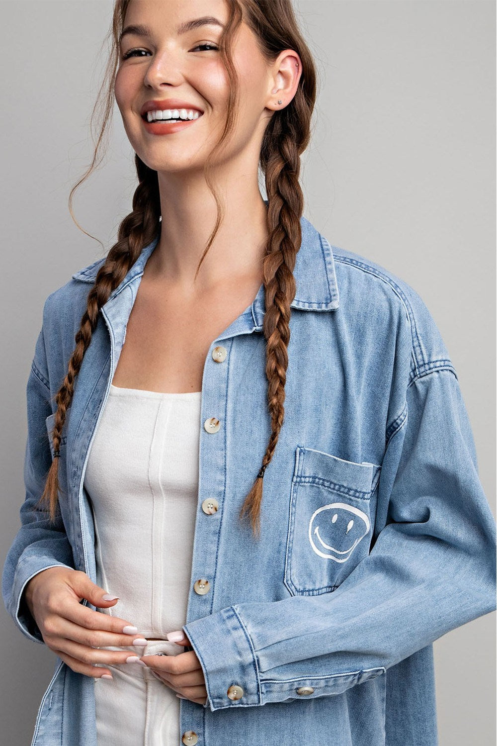Smile denim button down shirt Blouse EE:Some