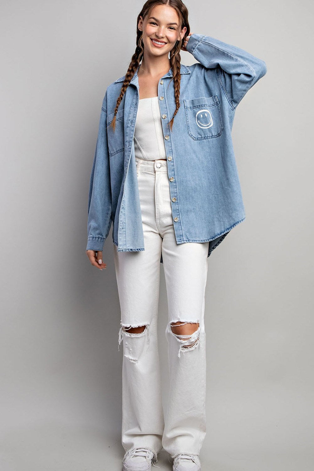 Smile denim button down shirt Blouse EE:Some