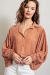 Printed blouse top with collared neckline, button down front, and smocked cuffs Blouse EE:Some