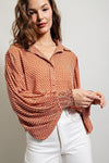 Printed blouse top with collared neckline, button down front, and smocked cuffs Blouse EE:Some