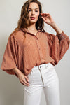 Printed blouse top with collared neckline, button down front, and smocked cuffs Blouse EE:Some